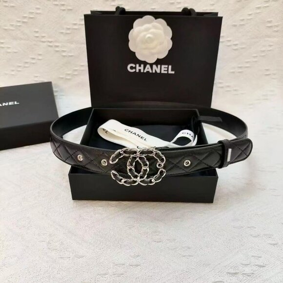 Chanel Letter Logo Smooth Clasp Leather Belt Women\'s Style Black